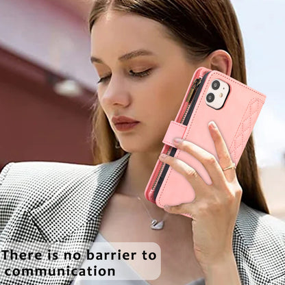 For iPhone 11 Zipper Pocket Leather Wallet Phone Case 9 Card Slots Rhombus Imprinted Stand Shell