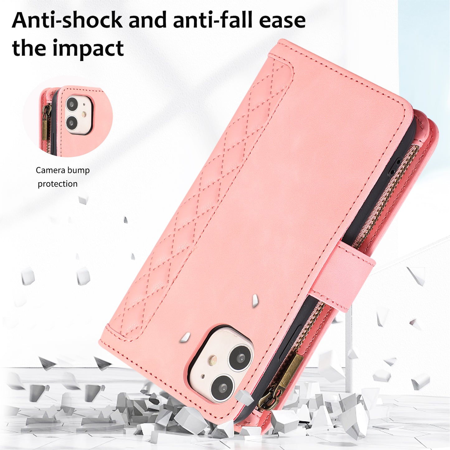 For iPhone 11 Zipper Pocket Leather Wallet Phone Case 9 Card Slots Rhombus Imprinted Stand Shell