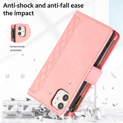 For iPhone 11 Zipper Pocket Leather Wallet Phone Case 9 Card Slots Rhombus Imprinted Stand Shell
