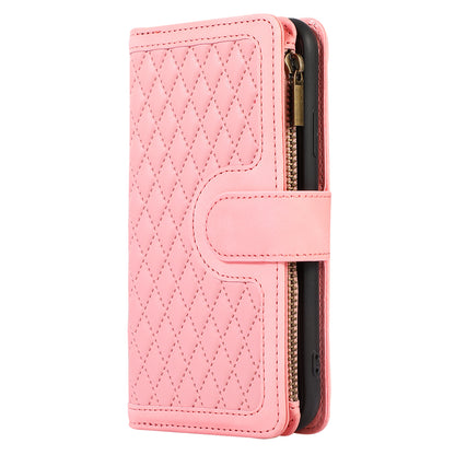 For iPhone 11 Zipper Pocket Leather Wallet Phone Case 9 Card Slots Rhombus Imprinted Stand Shell