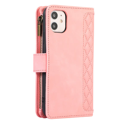 For iPhone 11 Zipper Pocket Leather Wallet Phone Case 9 Card Slots Rhombus Imprinted Stand Shell