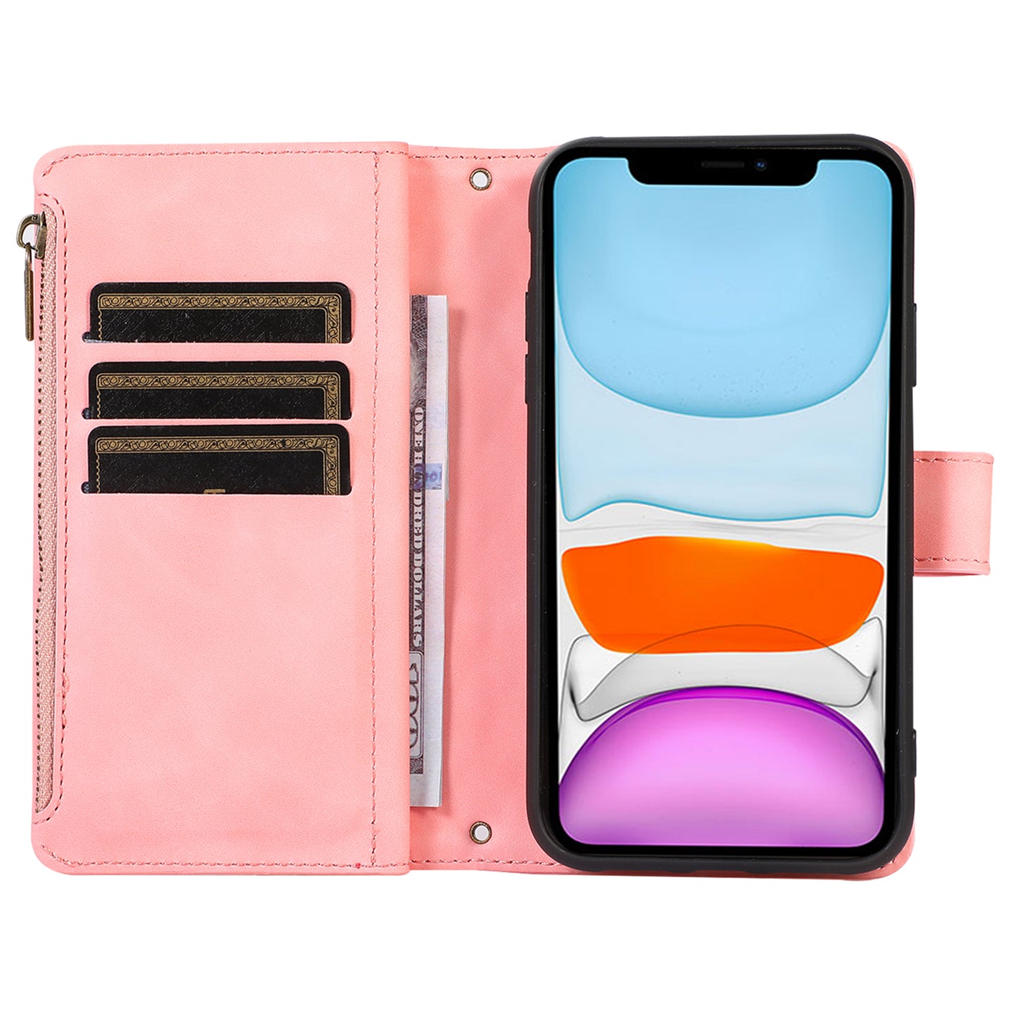 For iPhone 11 Zipper Pocket Leather Wallet Phone Case 9 Card Slots Rhombus Imprinted Stand Shell