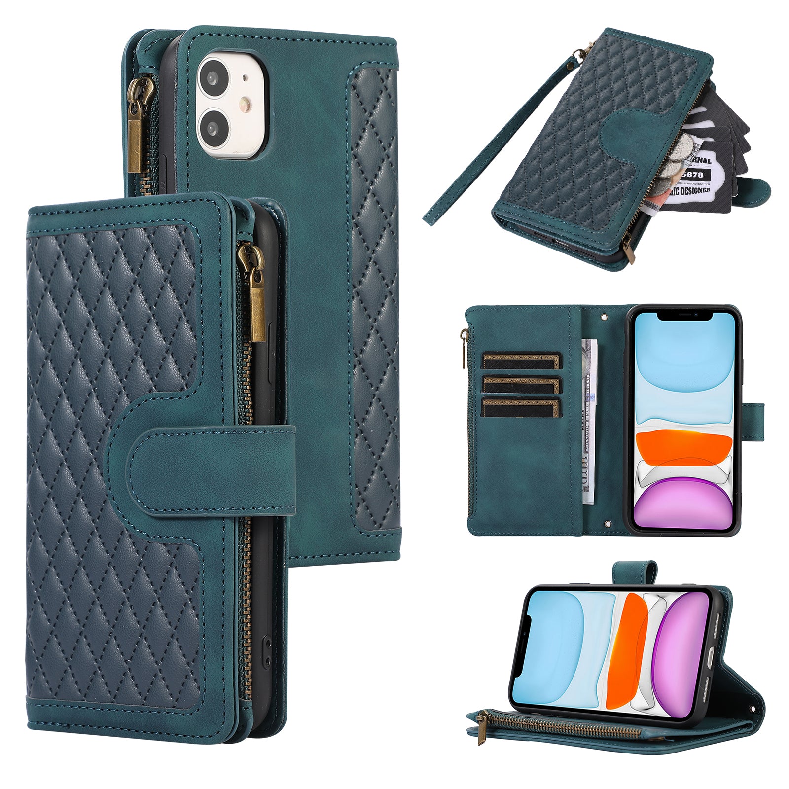 For iPhone 11 Zipper Pocket Leather Wallet Phone Case 9 Card Slots Rhombus Imprinted Stand Shell