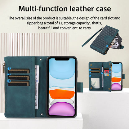 For iPhone 11 Zipper Pocket Leather Wallet Phone Case 9 Card Slots Rhombus Imprinted Stand Shell