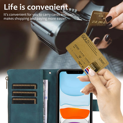 For iPhone 11 Zipper Pocket Leather Wallet Phone Case 9 Card Slots Rhombus Imprinted Stand Shell