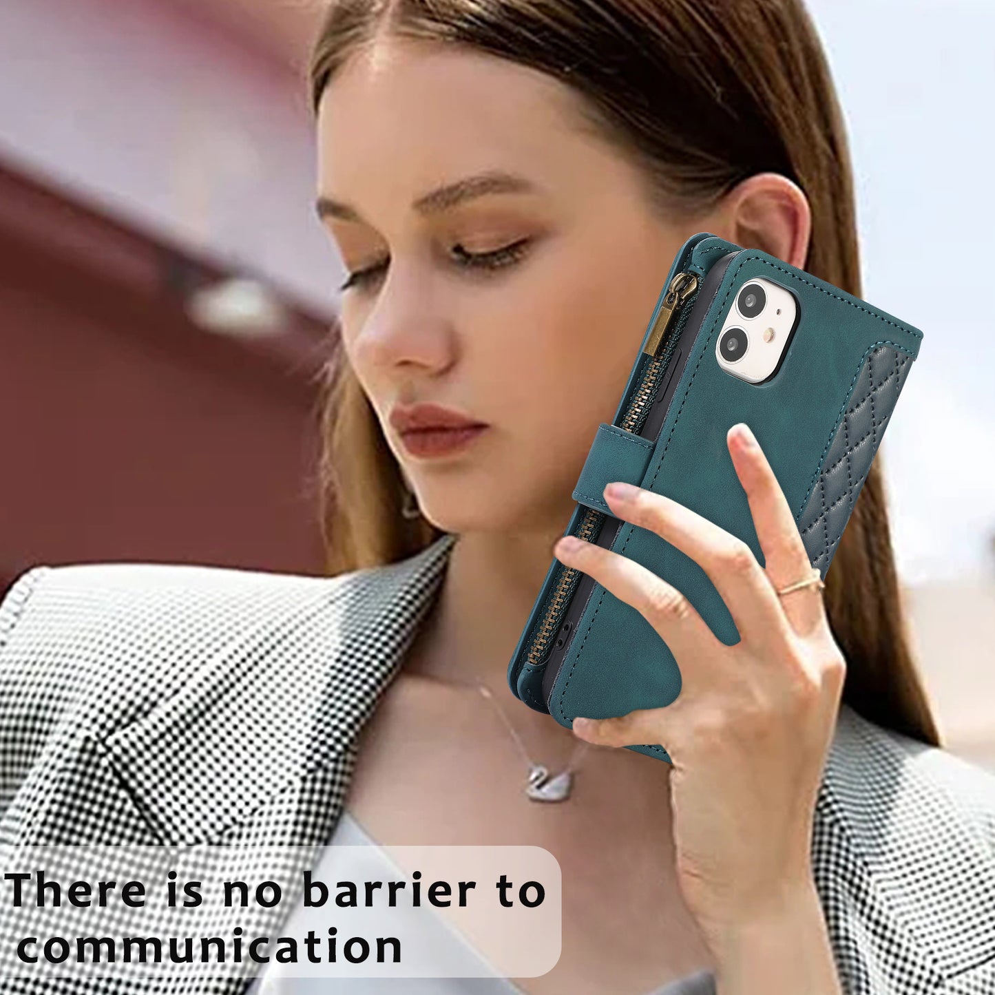 For iPhone 11 Zipper Pocket Leather Wallet Phone Case 9 Card Slots Rhombus Imprinted Stand Shell