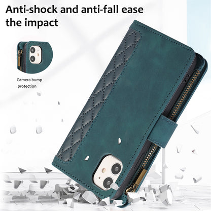 For iPhone 11 Zipper Pocket Leather Wallet Phone Case 9 Card Slots Rhombus Imprinted Stand Shell