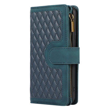 For iPhone 11 Zipper Pocket Leather Wallet Phone Case 9 Card Slots Rhombus Imprinted Stand Shell