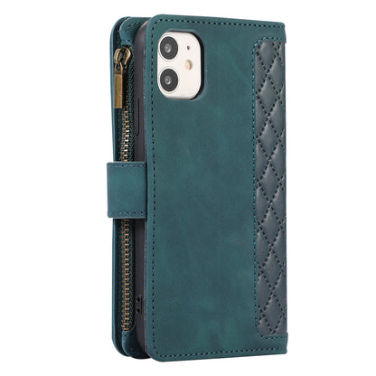 For iPhone 11 Zipper Pocket Leather Wallet Phone Case 9 Card Slots Rhombus Imprinted Stand Shell