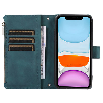 For iPhone 11 Zipper Pocket Leather Wallet Phone Case 9 Card Slots Rhombus Imprinted Stand Shell