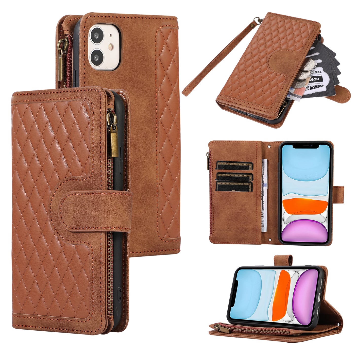 For iPhone 11 Zipper Pocket Leather Wallet Phone Case 9 Card Slots Rhombus Imprinted Stand Shell