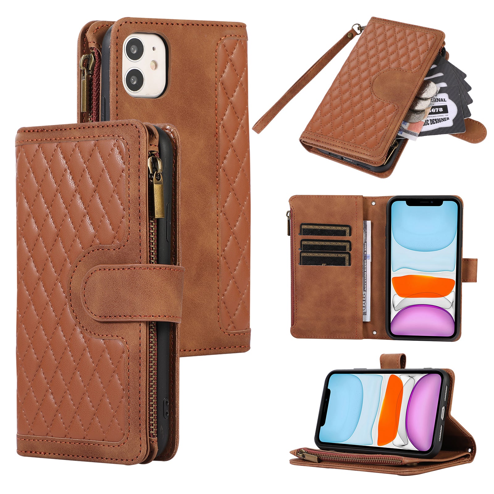 For iPhone 11 Zipper Pocket Leather Wallet Phone Case 9 Card Slots Rhombus Imprinted Stand Shell