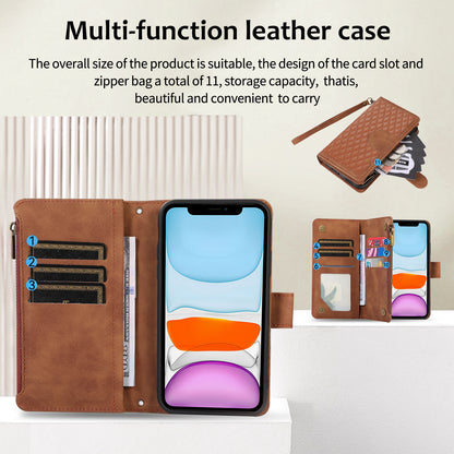 For iPhone 11 Zipper Pocket Leather Wallet Phone Case 9 Card Slots Rhombus Imprinted Stand Shell