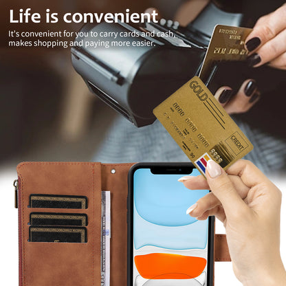 For iPhone 11 Zipper Pocket Leather Wallet Phone Case 9 Card Slots Rhombus Imprinted Stand Shell