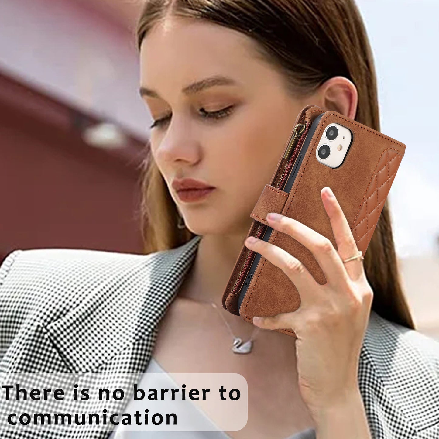 For iPhone 11 Zipper Pocket Leather Wallet Phone Case 9 Card Slots Rhombus Imprinted Stand Shell