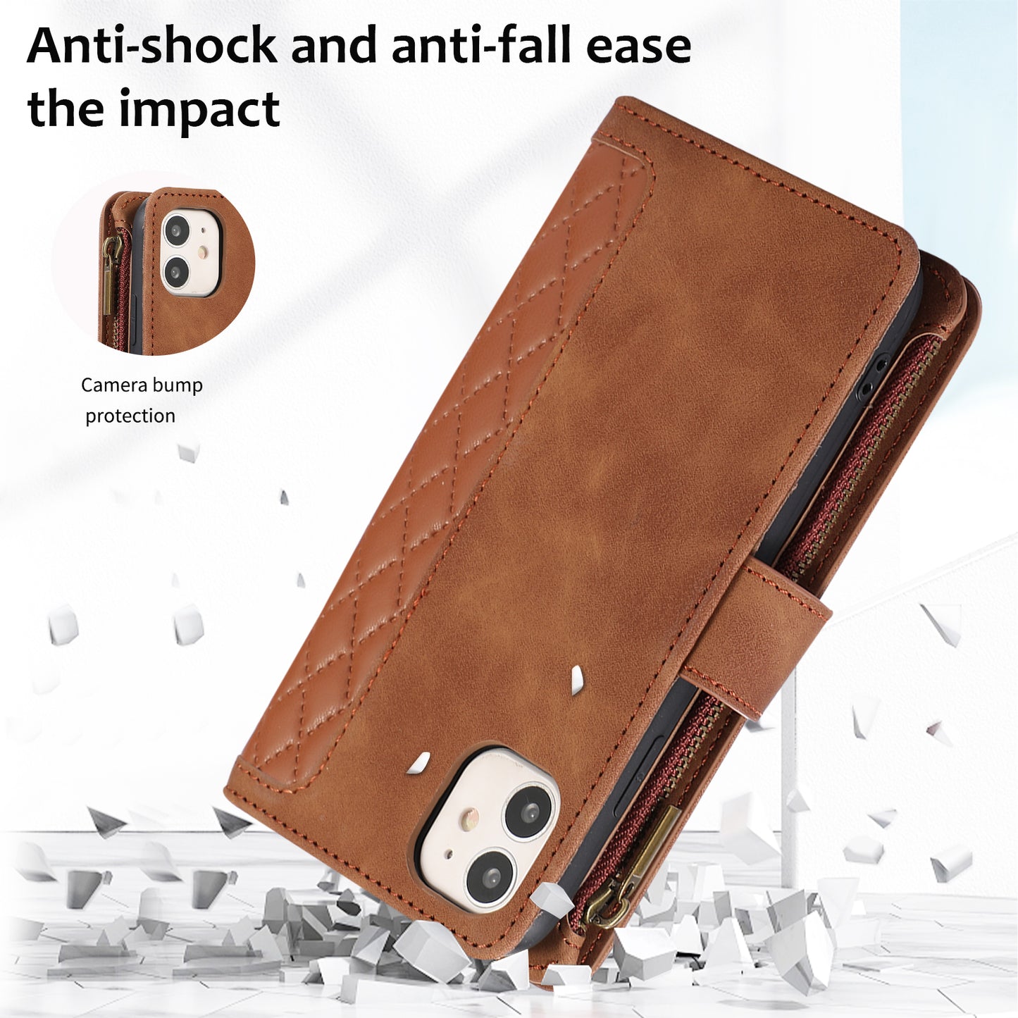 For iPhone 11 Zipper Pocket Leather Wallet Phone Case 9 Card Slots Rhombus Imprinted Stand Shell