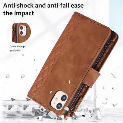 For iPhone 11 Zipper Pocket Leather Wallet Phone Case 9 Card Slots Rhombus Imprinted Stand Shell
