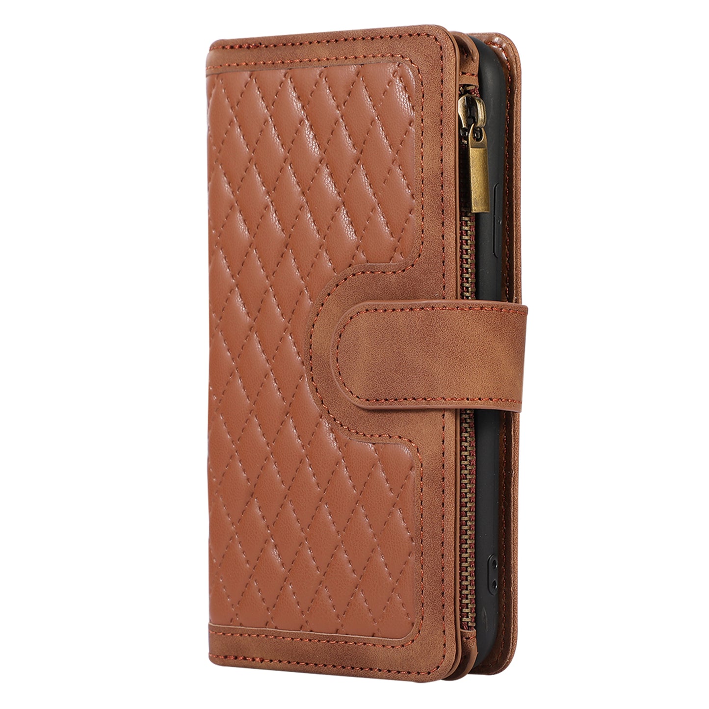 For iPhone 11 Zipper Pocket Leather Wallet Phone Case 9 Card Slots Rhombus Imprinted Stand Shell