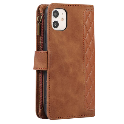 For iPhone 11 Zipper Pocket Leather Wallet Phone Case 9 Card Slots Rhombus Imprinted Stand Shell
