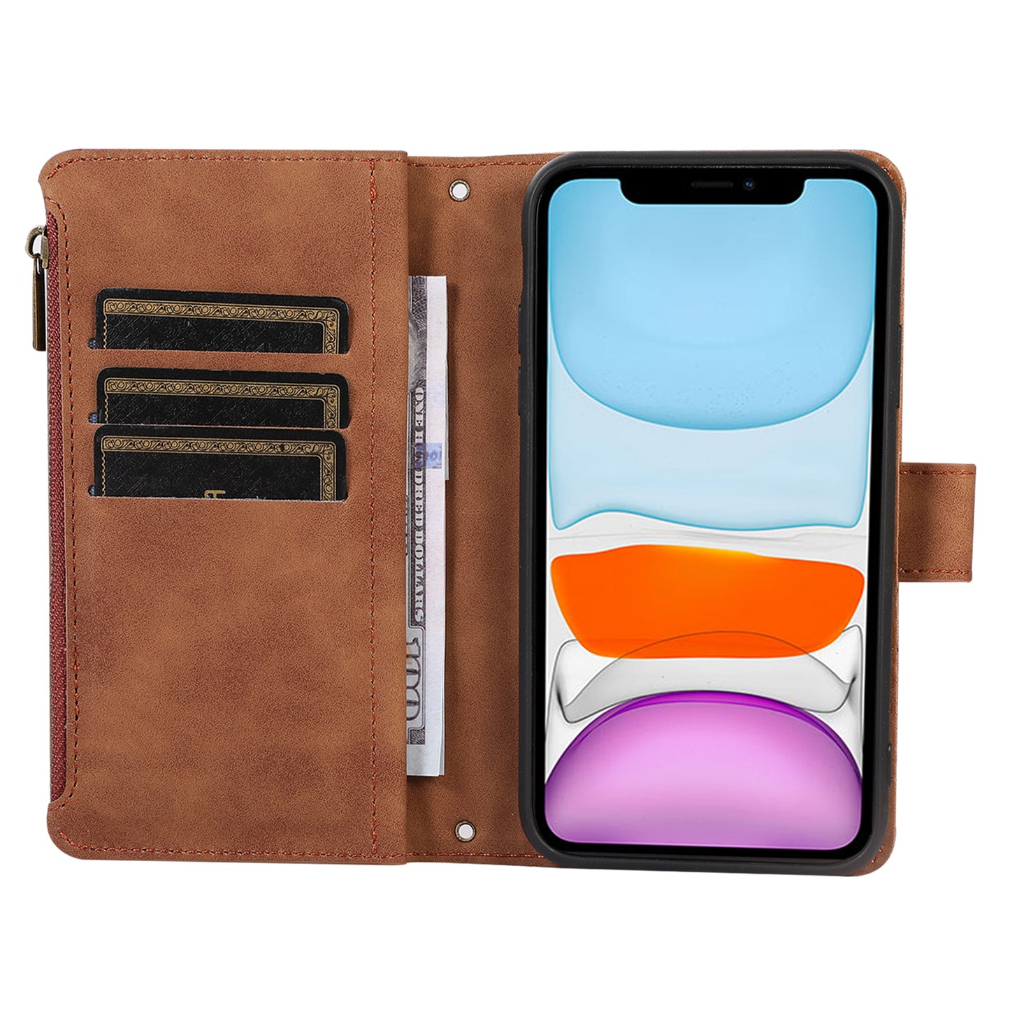 For iPhone 11 Zipper Pocket Leather Wallet Phone Case 9 Card Slots Rhombus Imprinted Stand Shell