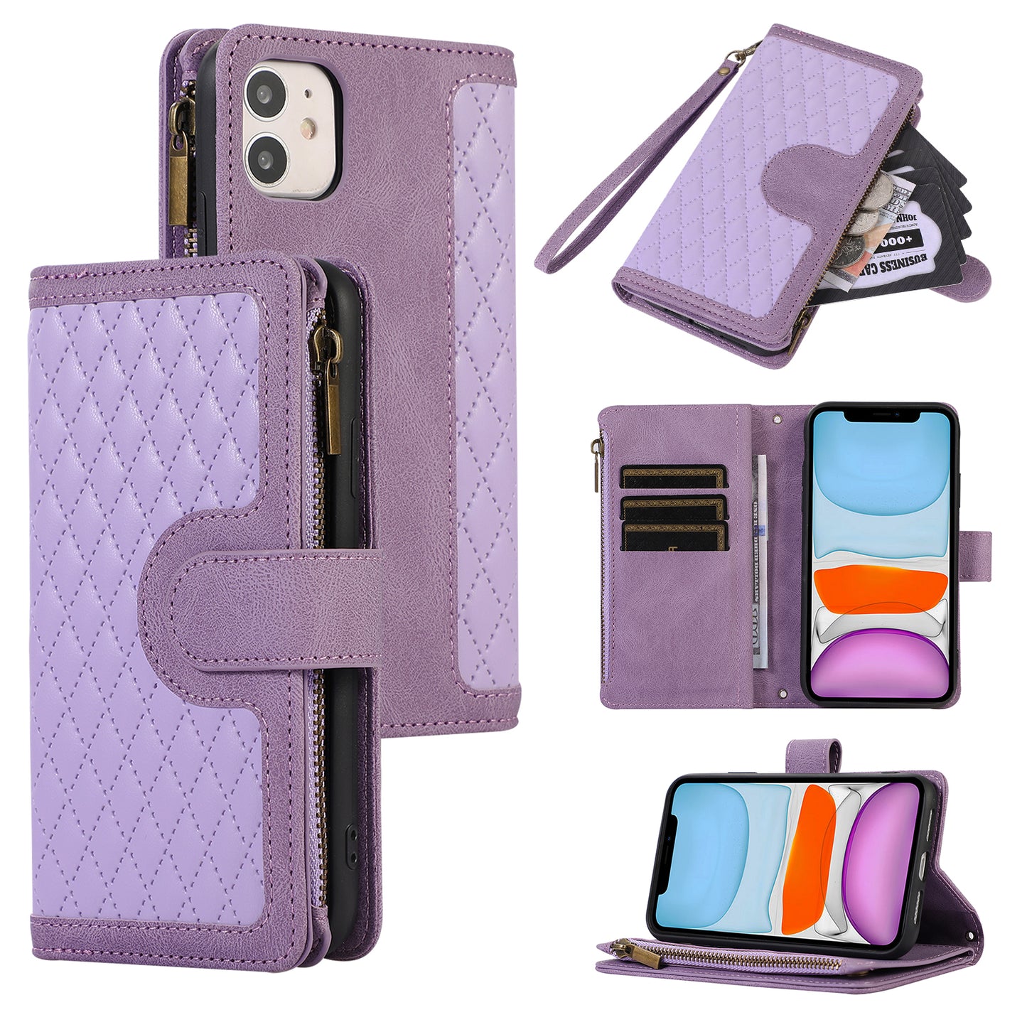For iPhone 11 Zipper Pocket Leather Wallet Phone Case 9 Card Slots Rhombus Imprinted Stand Shell