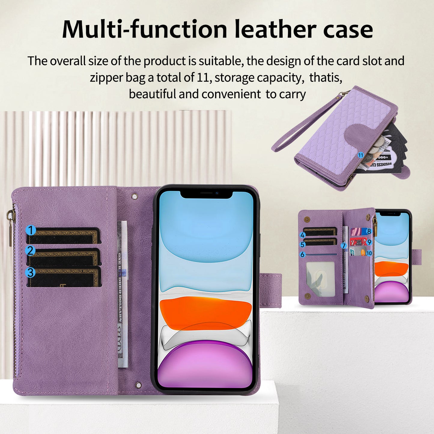 For iPhone 11 Zipper Pocket Leather Wallet Phone Case 9 Card Slots Rhombus Imprinted Stand Shell