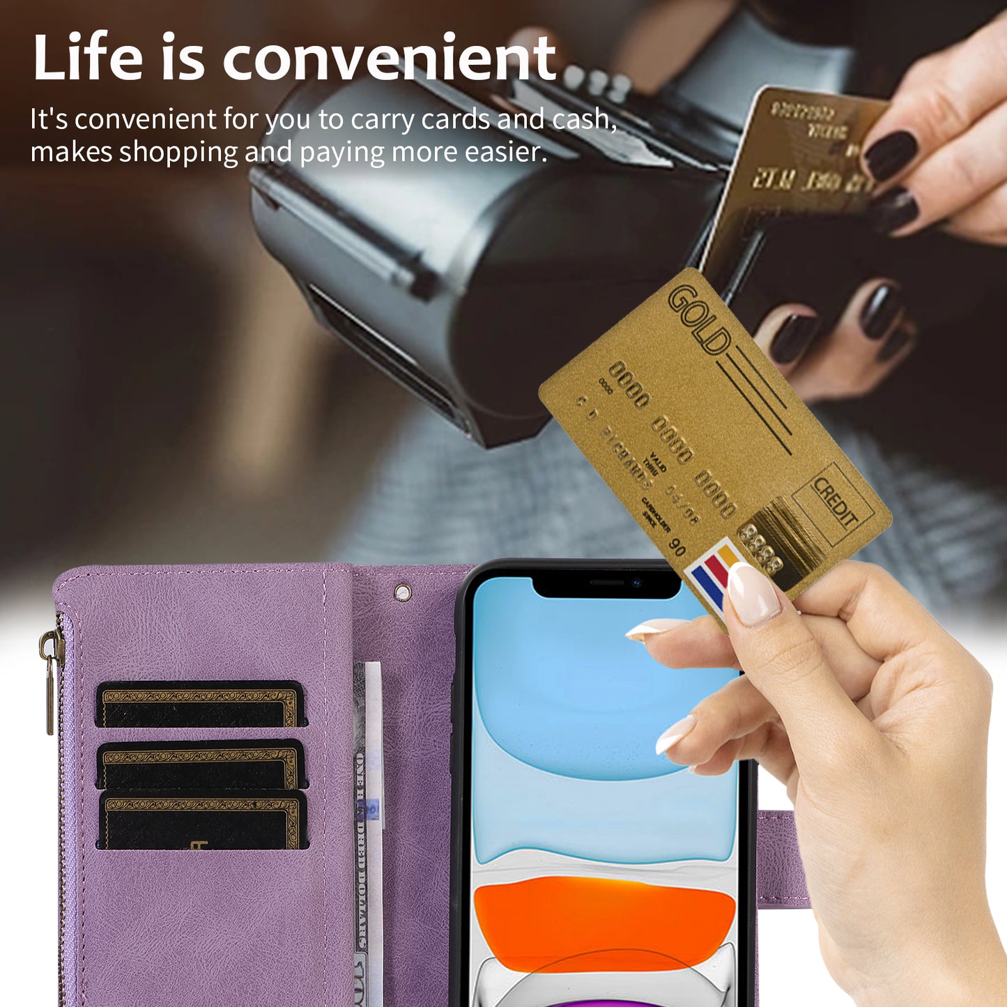 For iPhone 11 Zipper Pocket Leather Wallet Phone Case 9 Card Slots Rhombus Imprinted Stand Shell