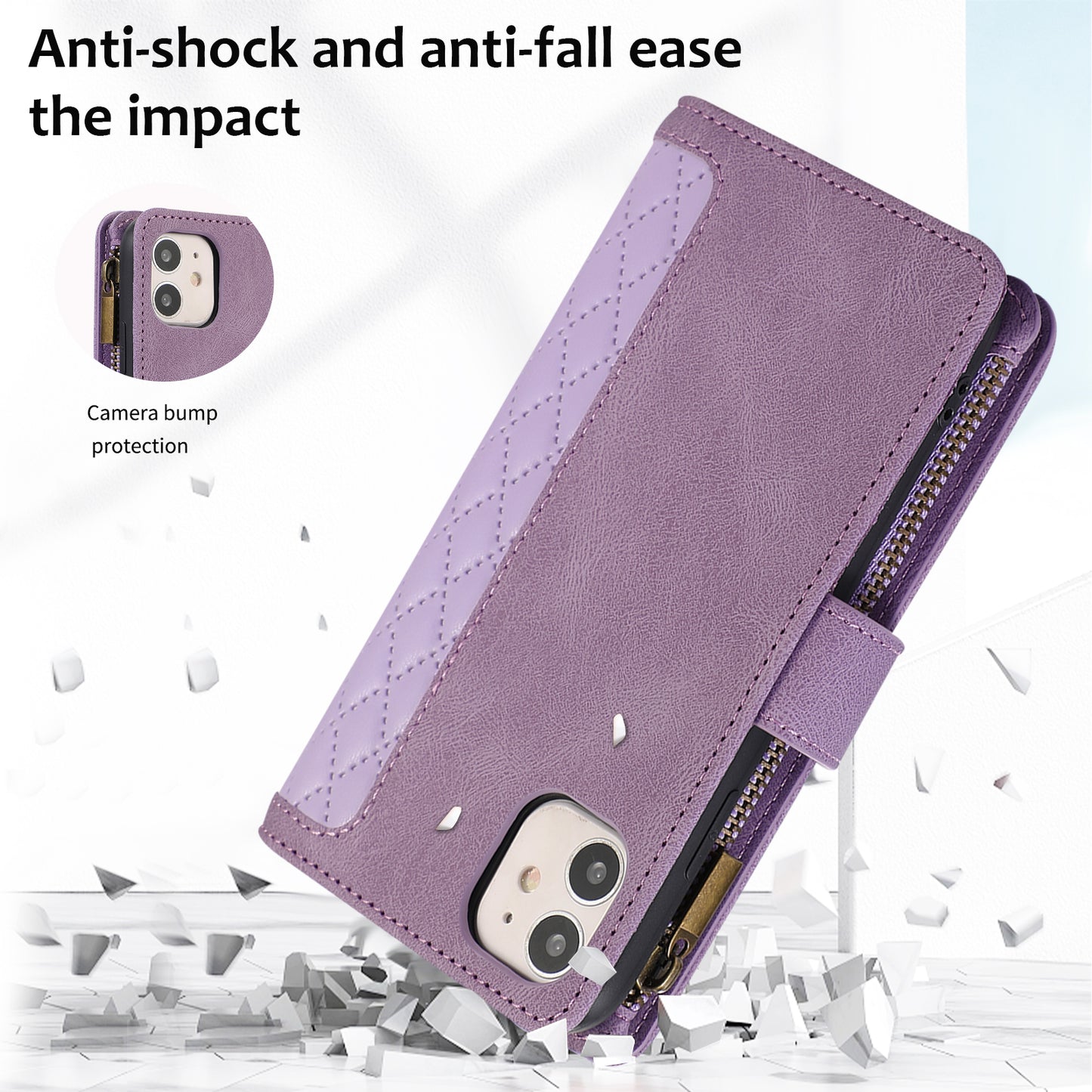 For iPhone 11 Zipper Pocket Leather Wallet Phone Case 9 Card Slots Rhombus Imprinted Stand Shell
