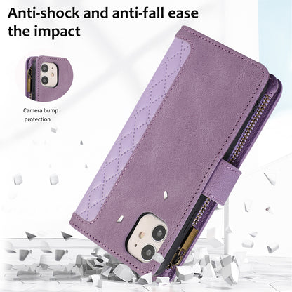 For iPhone 11 Zipper Pocket Leather Wallet Phone Case 9 Card Slots Rhombus Imprinted Stand Shell