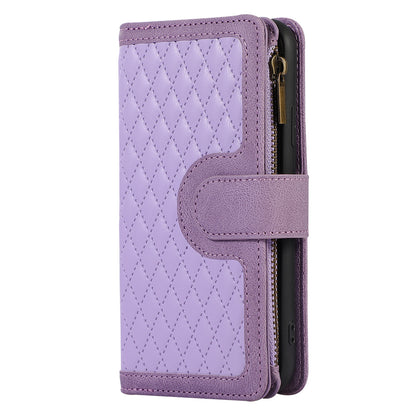 For iPhone 11 Zipper Pocket Leather Wallet Phone Case 9 Card Slots Rhombus Imprinted Stand Shell