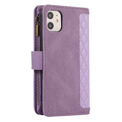 For iPhone 11 Zipper Pocket Leather Wallet Phone Case 9 Card Slots Rhombus Imprinted Stand Shell