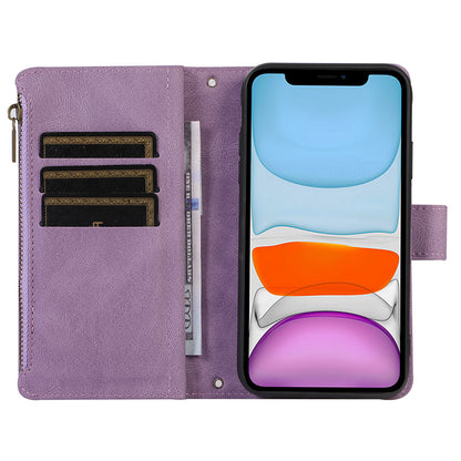 For iPhone 11 Zipper Pocket Leather Wallet Phone Case 9 Card Slots Rhombus Imprinted Stand Shell