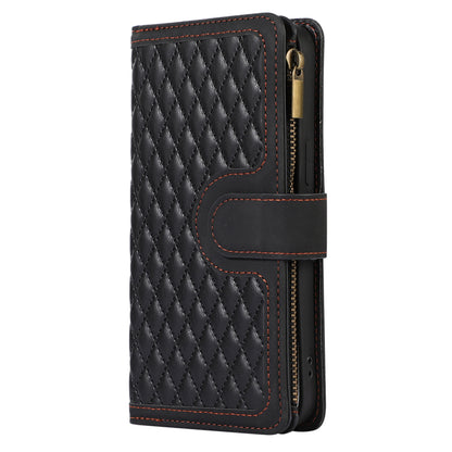 For iPhone 14 Pro Leather Wallet Stand Phone Case 9 Card Slots Zipper Pocket Rhombus Imprinted Shell