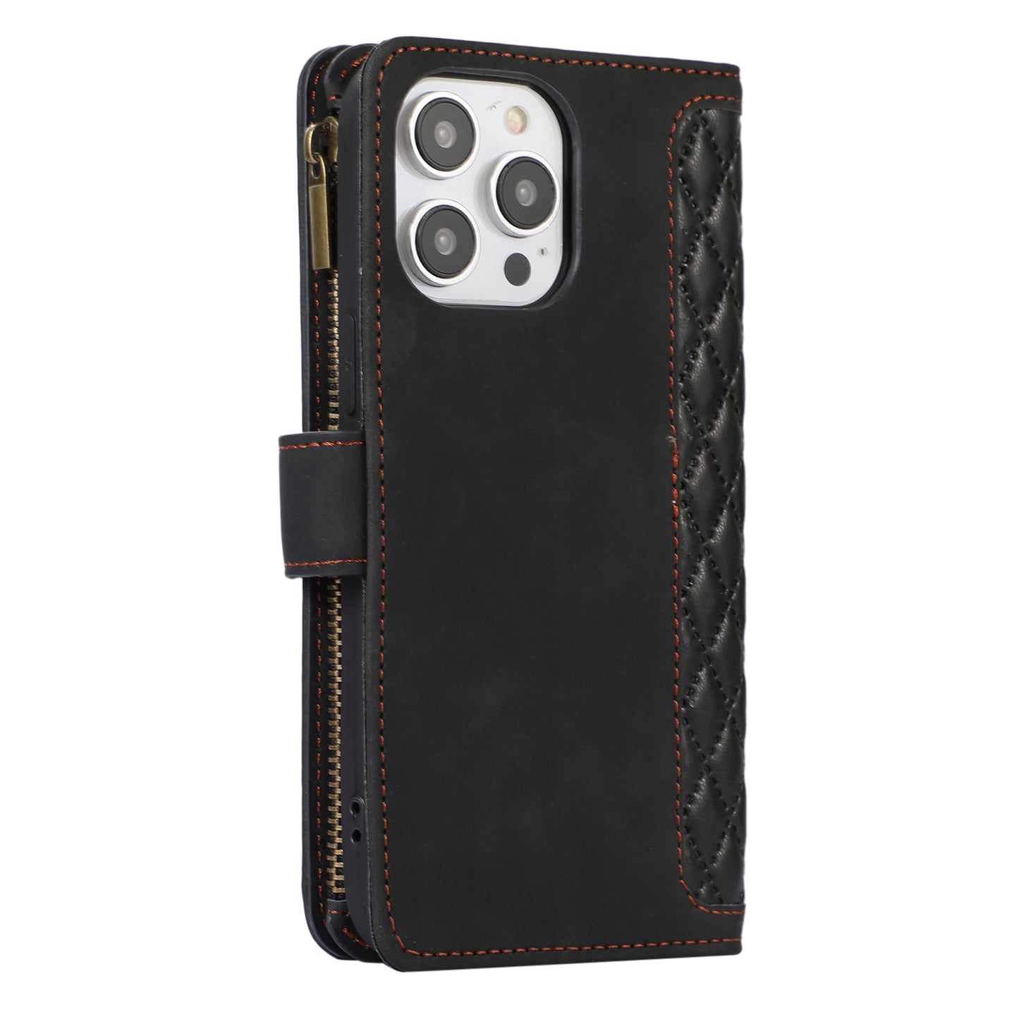 For iPhone 14 Pro Leather Wallet Stand Phone Case 9 Card Slots Zipper Pocket Rhombus Imprinted Shell