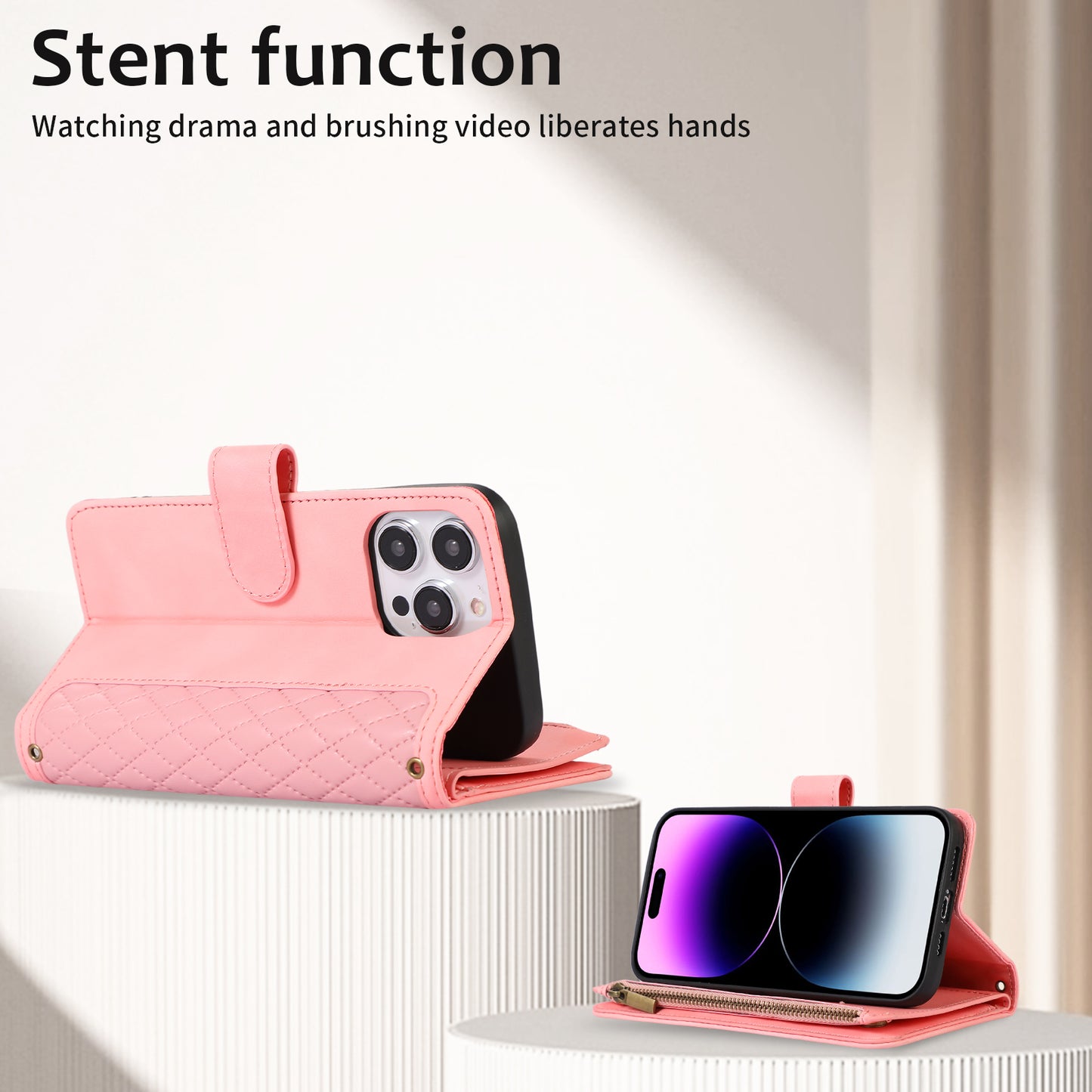 For iPhone 14 Pro Leather Wallet Stand Phone Case 9 Card Slots Zipper Pocket Rhombus Imprinted Shell