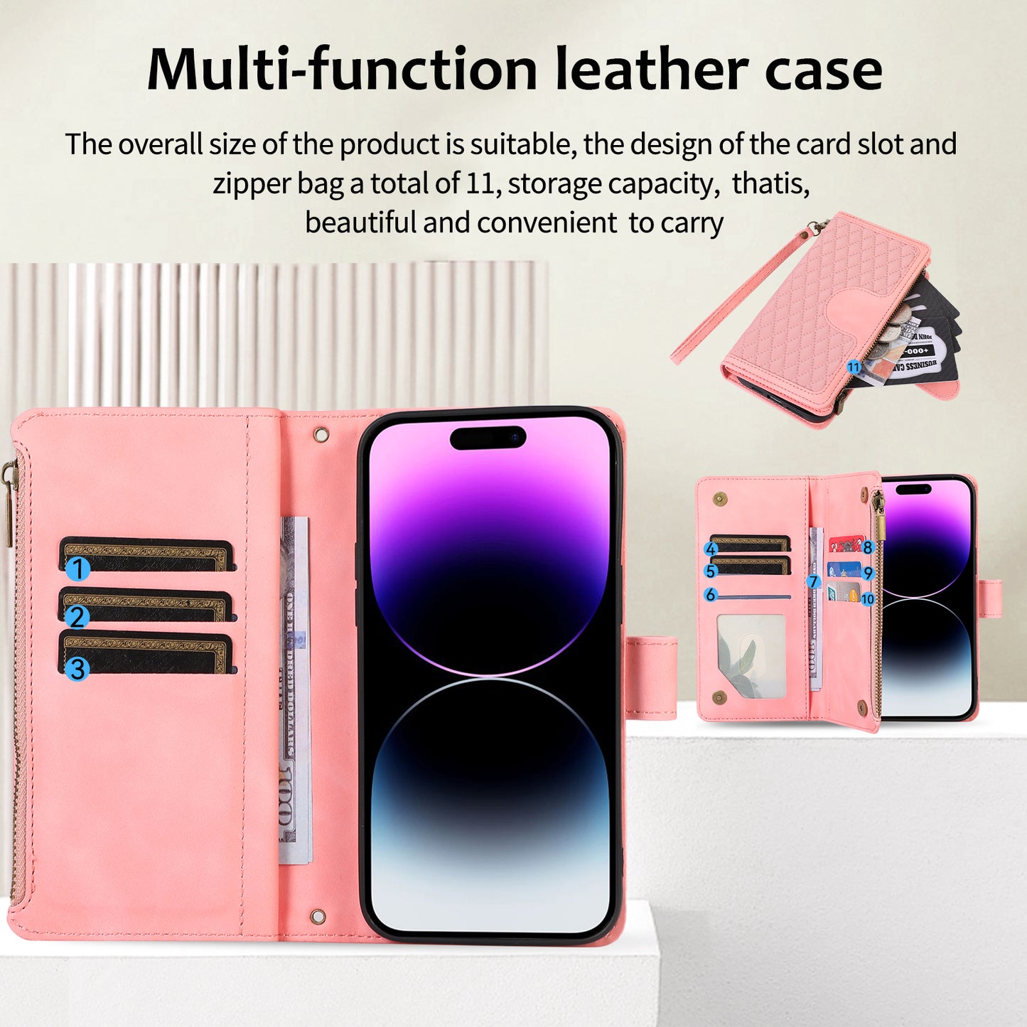 For iPhone 14 Pro Leather Wallet Stand Phone Case 9 Card Slots Zipper Pocket Rhombus Imprinted Shell