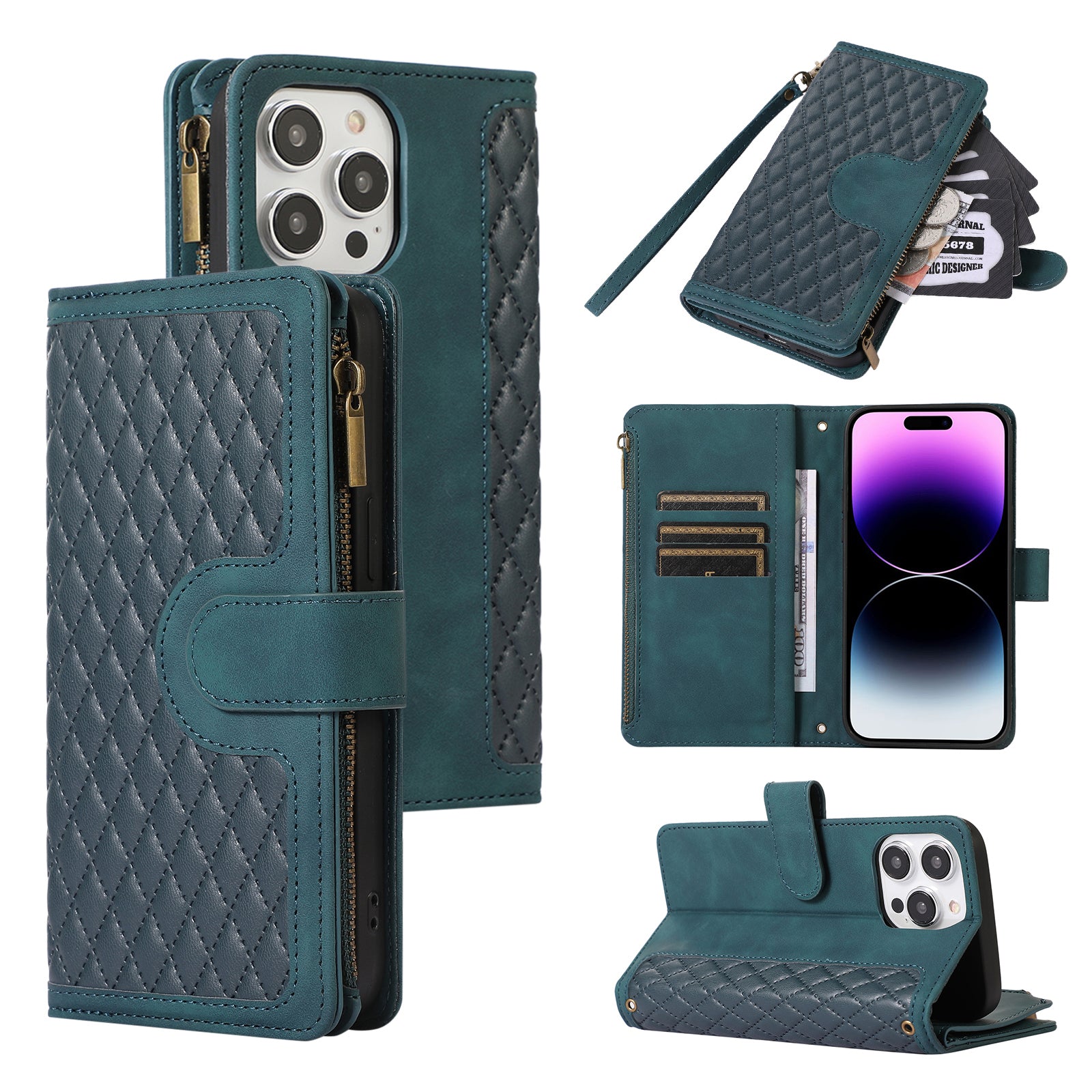 For iPhone 14 Pro Leather Wallet Stand Phone Case 9 Card Slots Zipper Pocket Rhombus Imprinted Shell