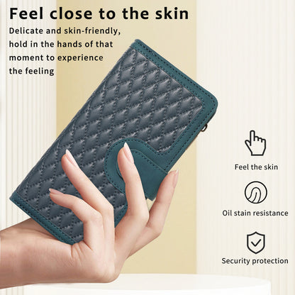 For iPhone 14 Pro Leather Wallet Stand Phone Case 9 Card Slots Zipper Pocket Rhombus Imprinted Shell