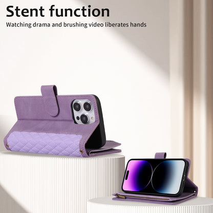 For iPhone 14 Pro Leather Wallet Stand Phone Case 9 Card Slots Zipper Pocket Rhombus Imprinted Shell