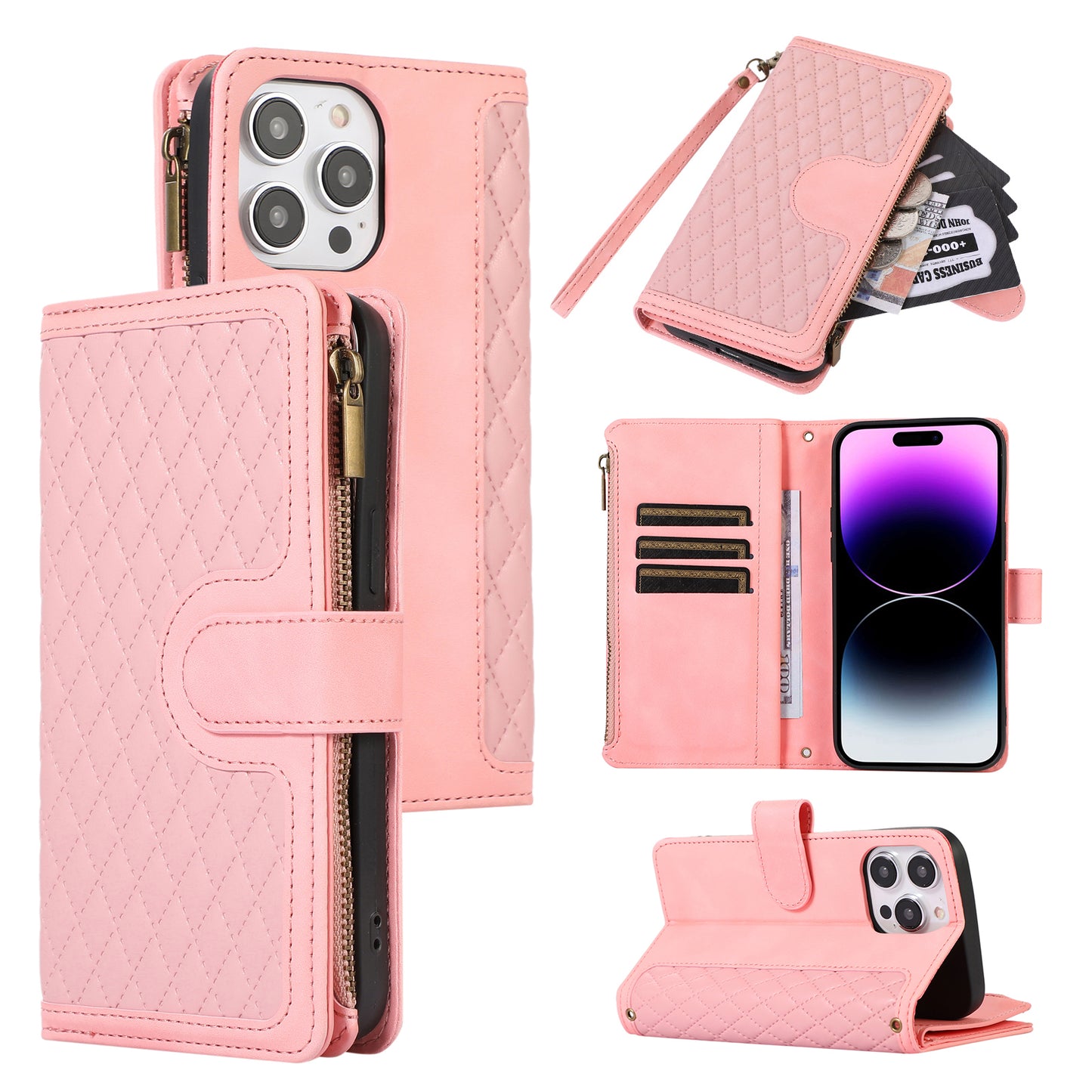 For iPhone 14 Pro Max PU Leather 9 Card Slots Phone Case Imprinted Zipper Pocket Wallet Cover with Stand