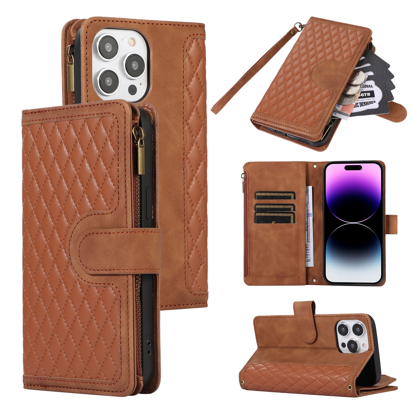 For iPhone 14 Pro Max PU Leather 9 Card Slots Phone Case Imprinted Zipper Pocket Wallet Cover with Stand