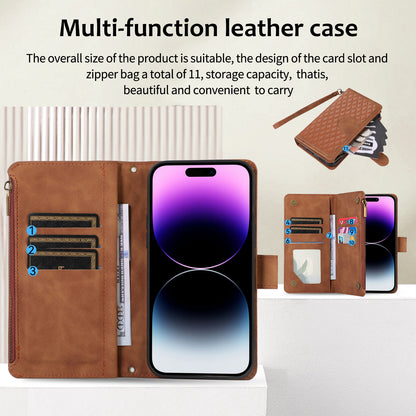 For iPhone 14 Pro Max PU Leather 9 Card Slots Phone Case Imprinted Zipper Pocket Wallet Cover with Stand