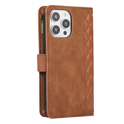 For iPhone 14 Pro Max PU Leather 9 Card Slots Phone Case Imprinted Zipper Pocket Wallet Cover with Stand