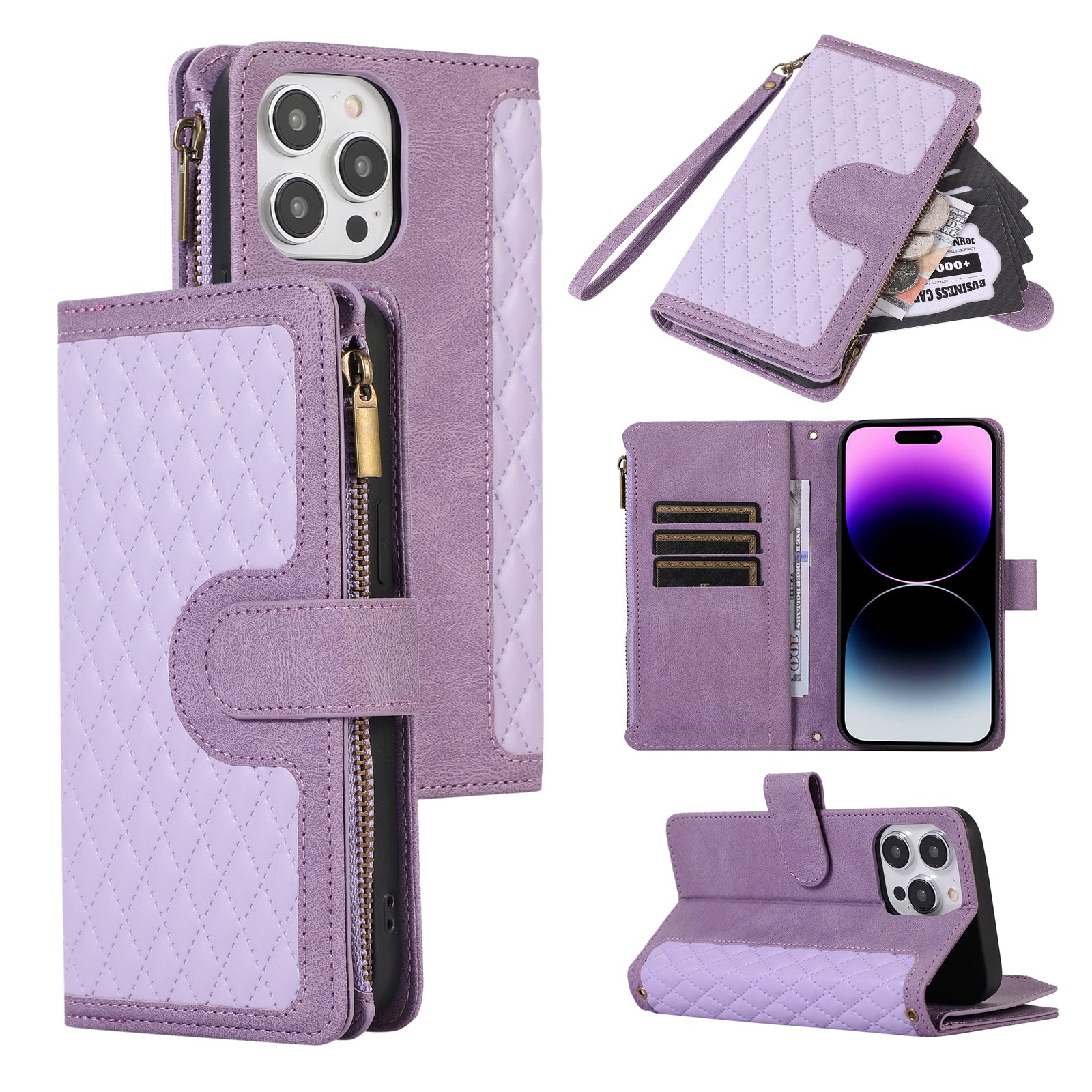 For iPhone 14 Pro Max PU Leather 9 Card Slots Phone Case Imprinted Zipper Pocket Wallet Cover with Stand