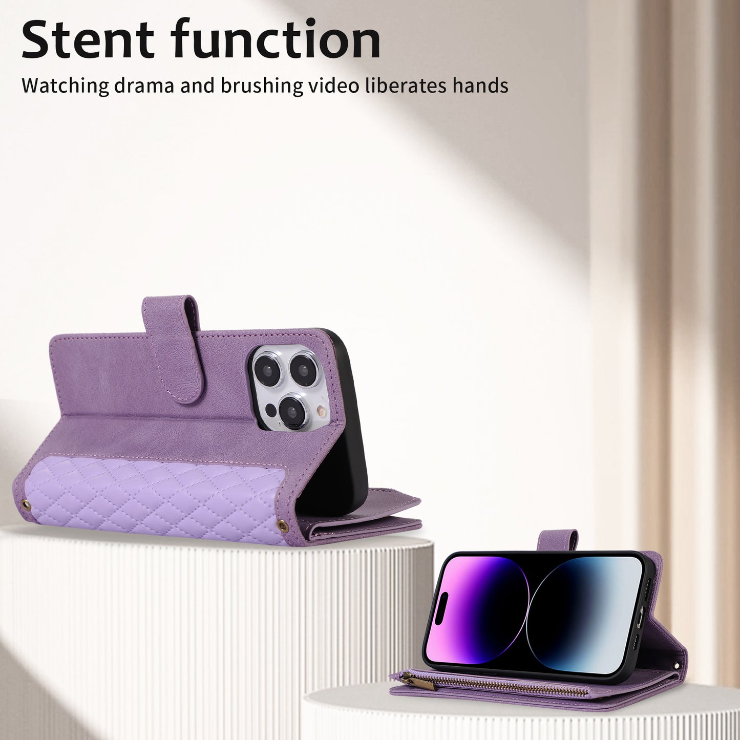 For iPhone 14 Pro Max PU Leather 9 Card Slots Phone Case Imprinted Zipper Pocket Wallet Cover with Stand