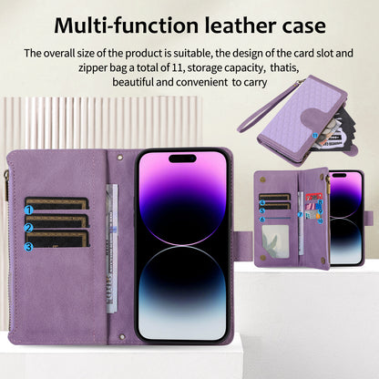 For iPhone 14 Pro Max PU Leather 9 Card Slots Phone Case Imprinted Zipper Pocket Wallet Cover with Stand