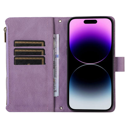 For iPhone 14 Pro Max PU Leather 9 Card Slots Phone Case Imprinted Zipper Pocket Wallet Cover with Stand