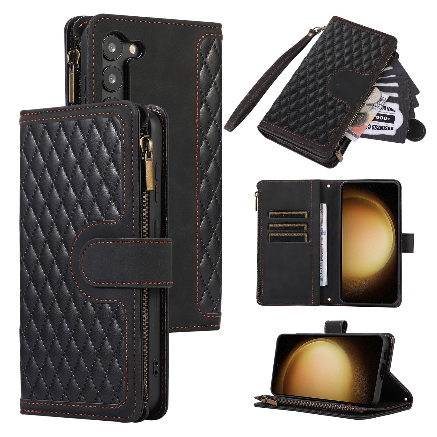 For Samsung Galaxy S23+ Zipper Pocket Leather Wallet Phone Case Rhombus Grid Card Holder Stand Cover