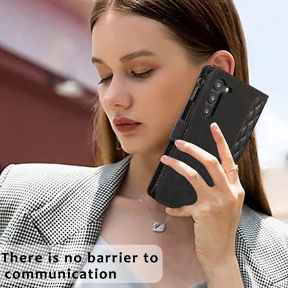 For Samsung Galaxy S23+ Zipper Pocket Leather Wallet Phone Case Rhombus Grid Card Holder Stand Cover