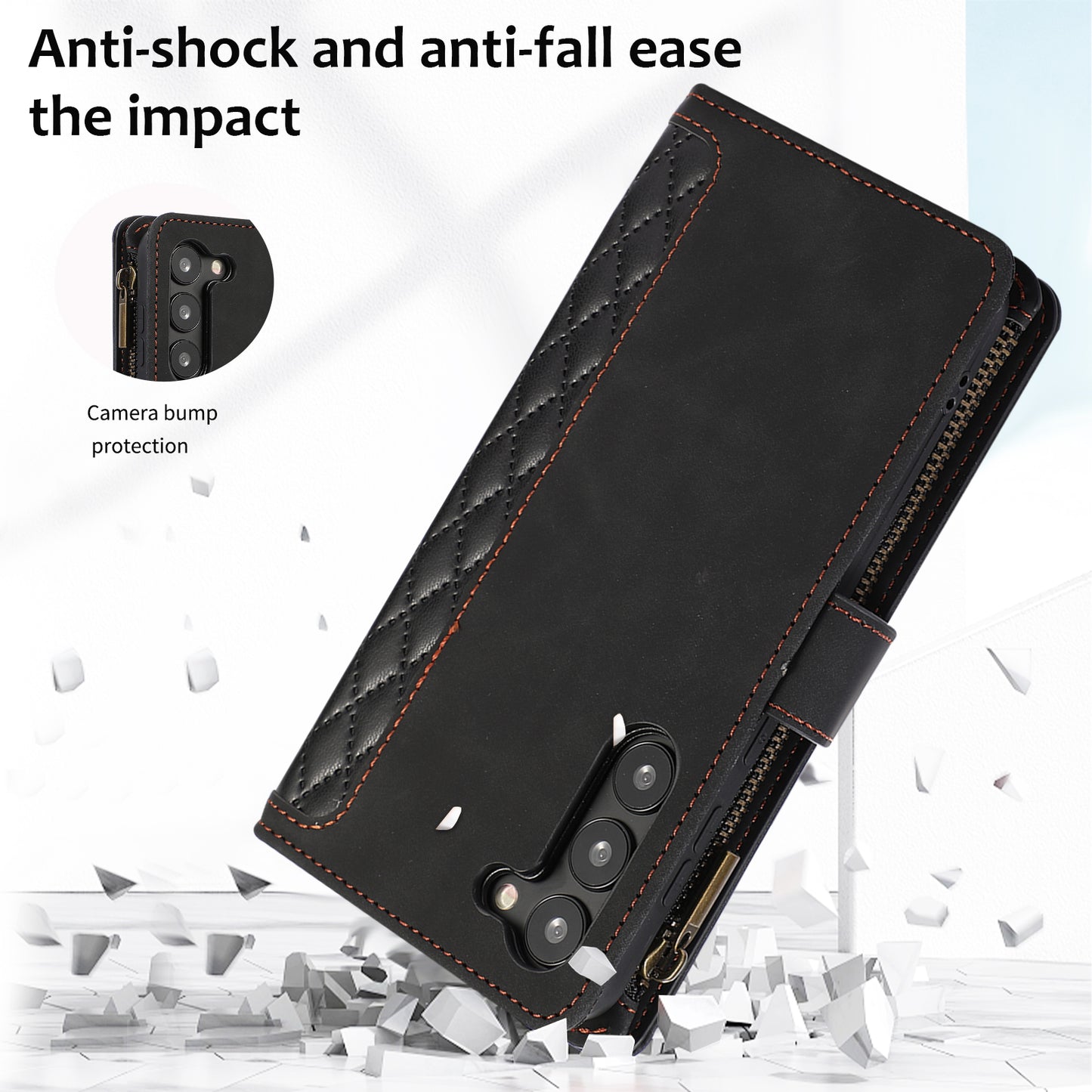 For Samsung Galaxy S23+ Zipper Pocket Leather Wallet Phone Case Rhombus Grid Card Holder Stand Cover